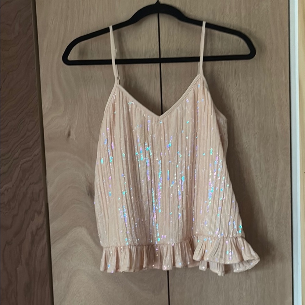 Anthropology Adorable Pinky Peach Sequin Embellished Ruffled Top Size 0